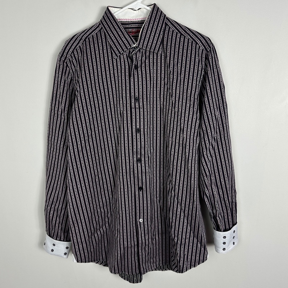 Robert Graham Mens Button Down Size 42 Large Striped Long Sleeve Shirt Flip Cuff